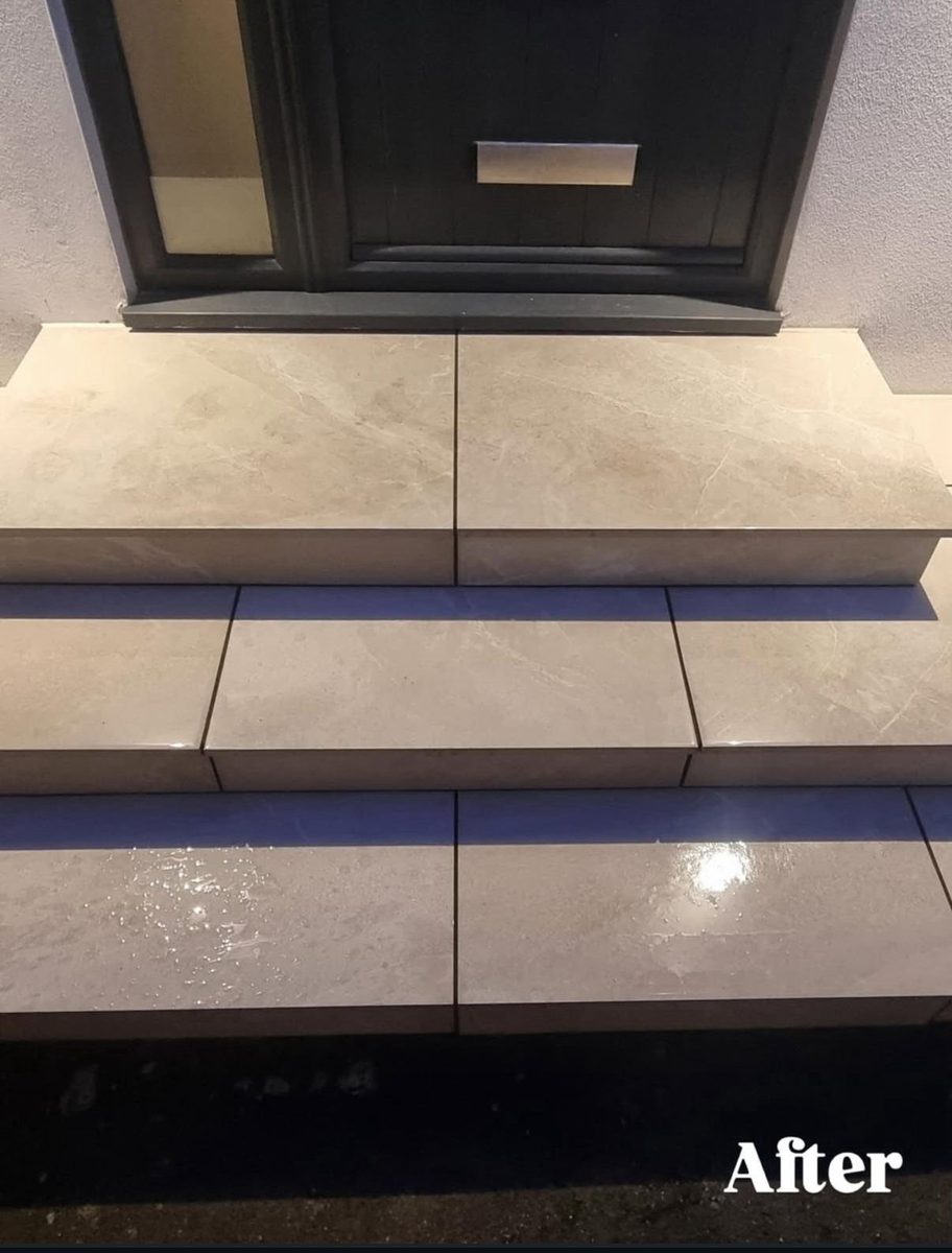 The same porcelain patio in Kinson cleaned to a sharp, even finish